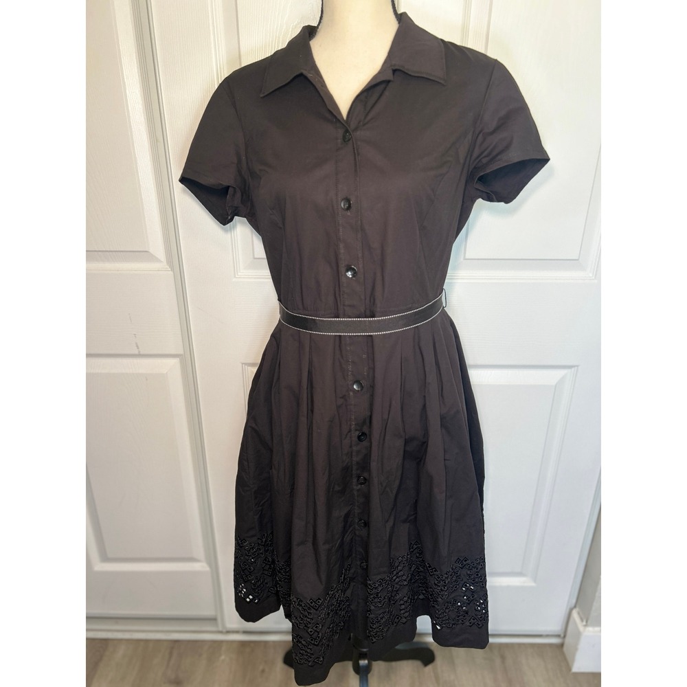 Oscar de la Renta Shirt Dress 12 Black Eyelet Midi Belted Short Sleeve Pockets